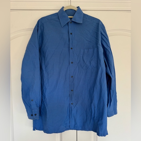Hugo Boss Blue Striped Collared Button Down Dress Shirt Pinstripe 100% Cotton - Picture 1 of 8